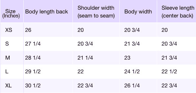 Table displaying garment measurements for different sizes with inches listed.